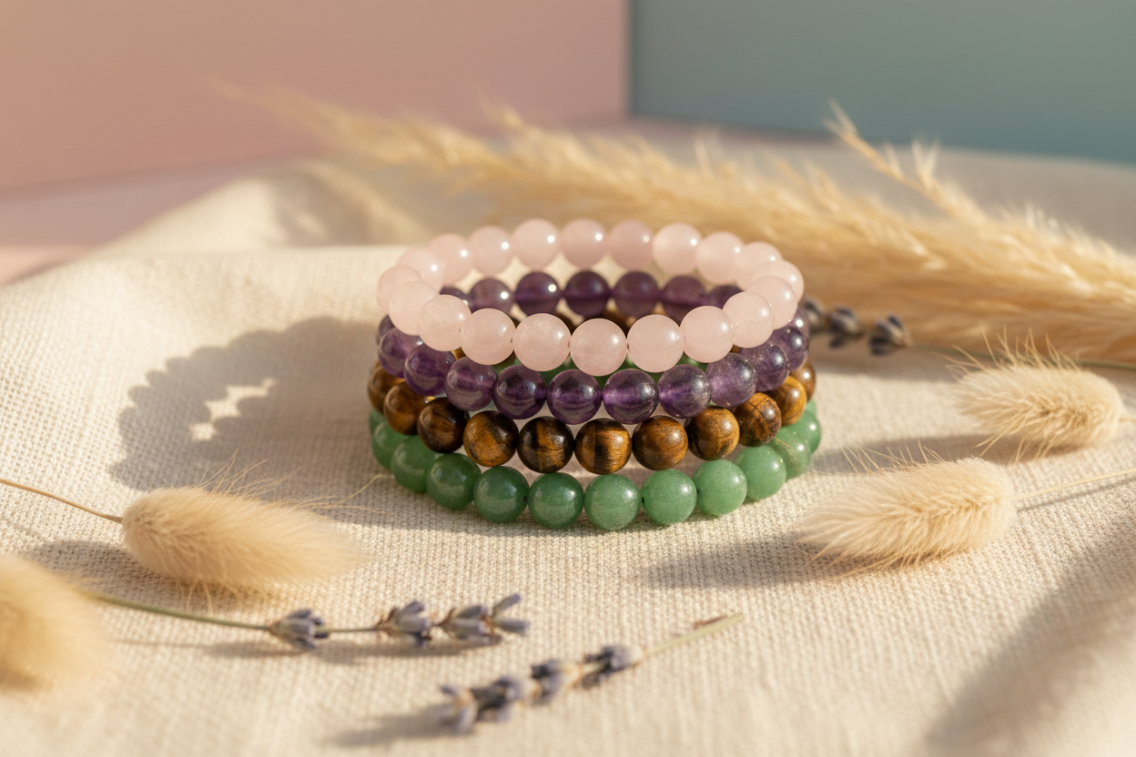 Pulseras de piedras naturales apiladas — Gaia Lux
