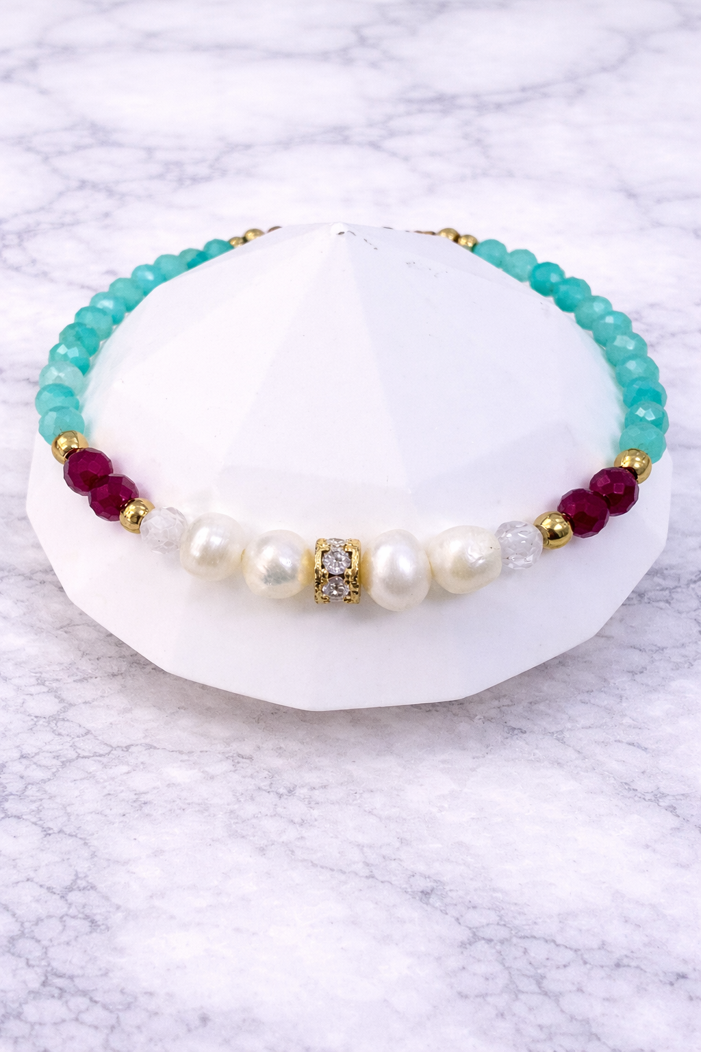 Pulsera Aura Serena con amazonita, rubí, perla natural - Gaia Lux