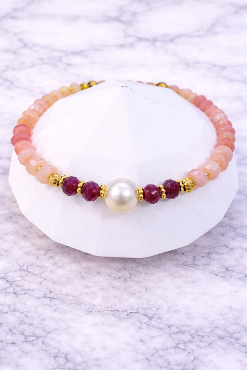 Pulsera Aura Rosa con ópalo rosa, granate, perla natural - Gaia Lux