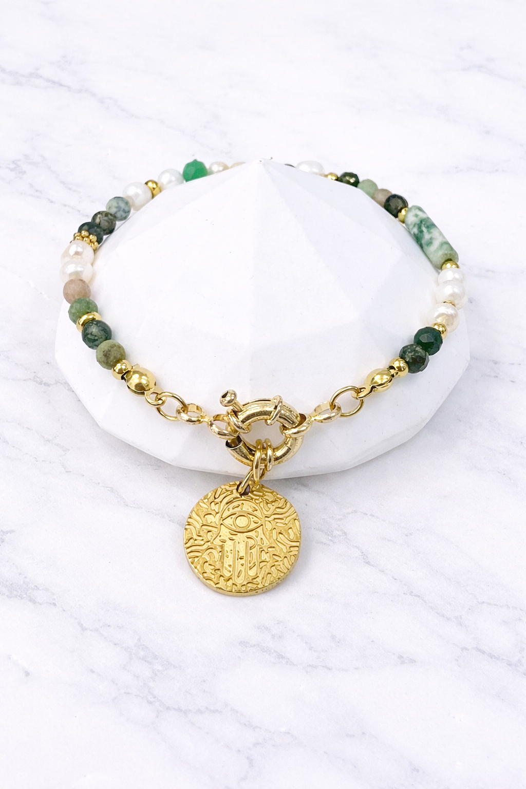 Pulsera Multistones Selva con ágata verde, perlas naturales - Gaia Lux